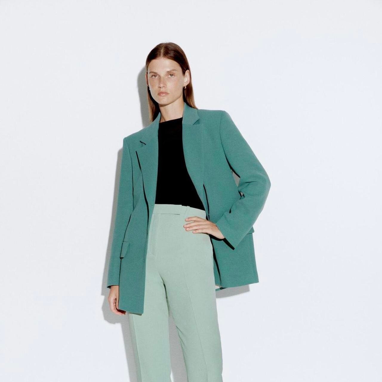Zara Blazer Size M Teal Straight Cut Single Breasted Tailored Jacket